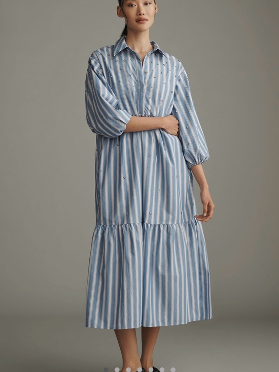 Anthropologie Dresses & Skirts - Anthropologie Blue and White Striped embellished Midi Shirt Dress